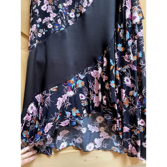 Sandro Paris Black Floral Asymmetrical Ruffle Skirt Size 1 Small Romantic Midi - Picture 6 of 11